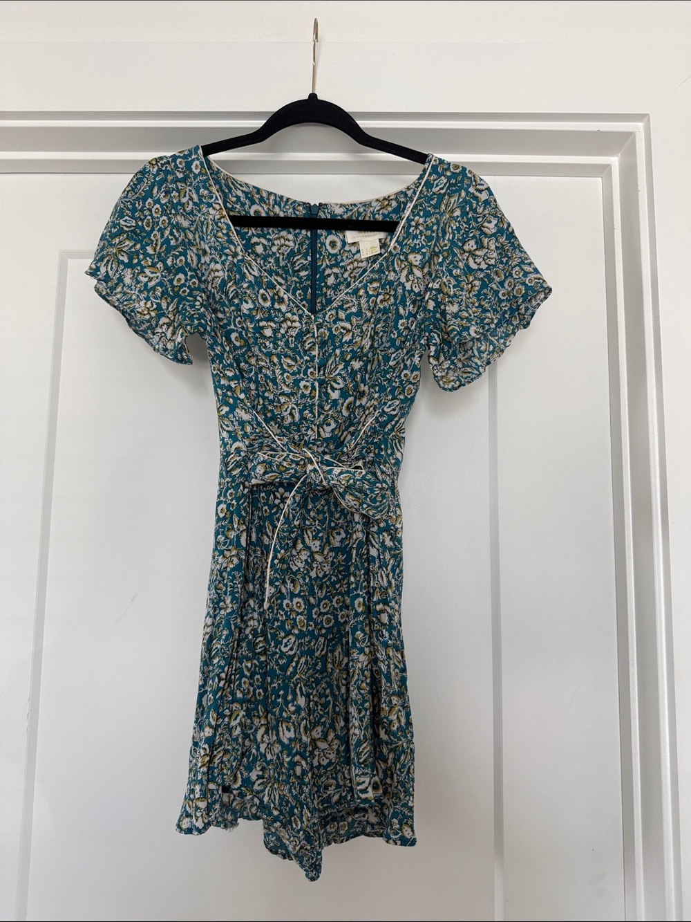 Anthropologie Teal Floral Romper with Tie Waist